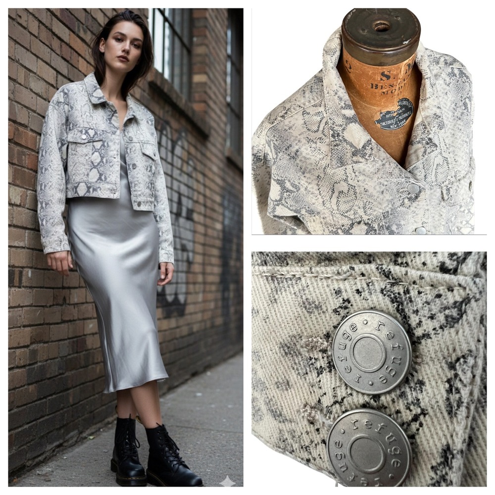 New Refuge Denim Snake Print Cropped‎ Jacket Boxy Medium Grunge NWT Y2K style